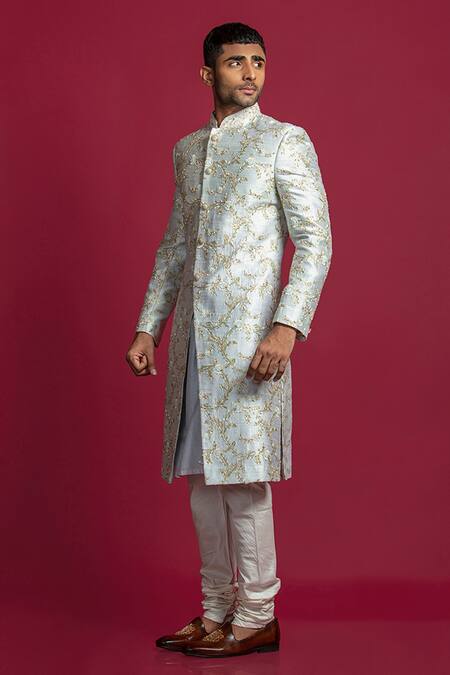 Buy_Jayesh Shah_Blue Raw Silk Hand Embroidered Zardosi And Resham Sherwani Set_Online_at_Aza_Fashions