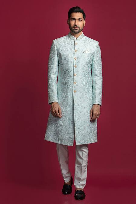 Jayesh Shah_Blue Lucknowi Embroidered Floral And Thread Sherwani Set_Online_at_Aza_Fashions