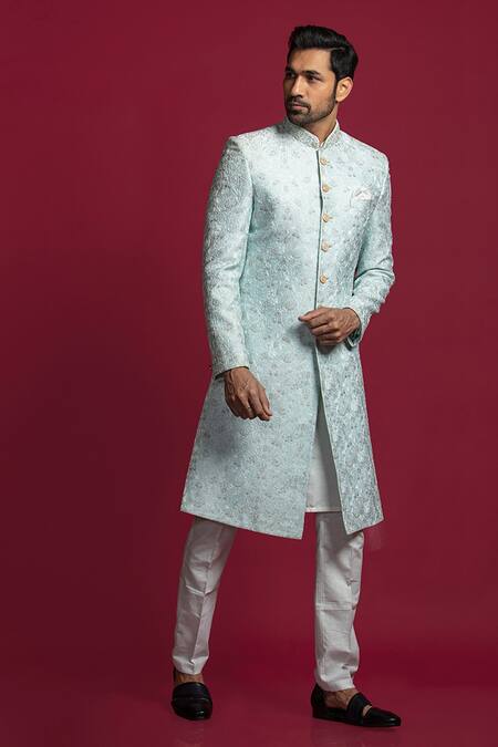 Buy_Jayesh Shah_Blue Lucknowi Embroidered Floral And Thread Sherwani Set_Online_at_Aza_Fashions