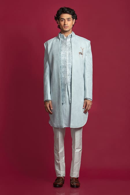 Buy_Jayesh Shah_Blue Suede Velvet Embroidered Foil Placement Sherwani Set_Online_at_Aza_Fashions