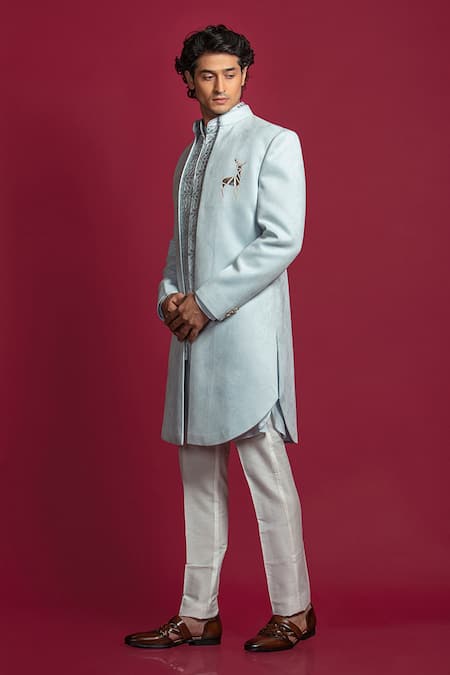 Shop_Jayesh Shah_Blue Suede Velvet Embroidered Foil Placement Sherwani Set_Online_at_Aza_Fashions