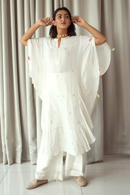 Taro White Cotton Notched Striped Tunic  