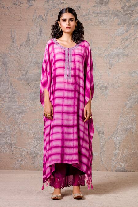 Devnaagri_Purple Organza, Muslin Boat Tie And Dye Kaftan & Palazzo Set_Online_at_Aza_Fashions