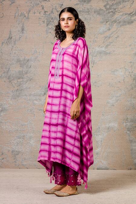 Buy_Devnaagri_Purple Organza, Muslin Boat Tie And Dye Kaftan & Palazzo Set_Online_at_Aza_Fashions