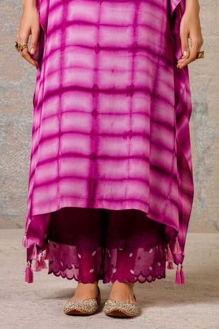 Devnaagri_Purple Organza, Muslin Boat Tie And Dye Kaftan & Palazzo Set_at_Aza_Fashions
