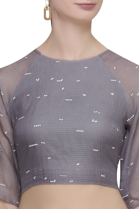 Shop_Urvashi Kaur_Grey Organic Cotton Shibori Dye Round Neck Blouse _at_Aza_Fashions