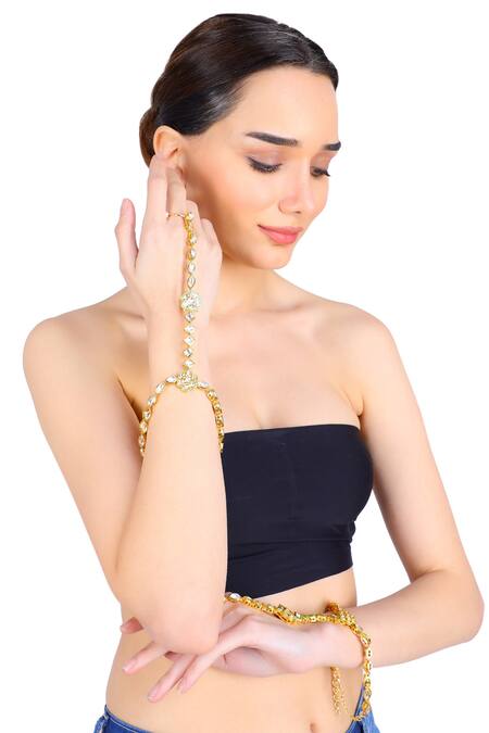 Aakarsha By Ajay_Gold Plated Pearls, Beads, Diamonds Kundan Stone Hathphool Set Of 2_Online_at_Aza_Fashions