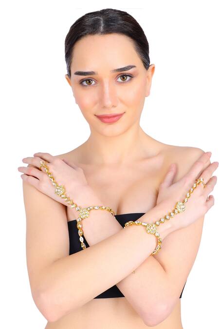 Buy_Aakarsha By Ajay_Gold Plated Pearls, Beads, Diamonds Kundan Stone Hathphool Set Of 2_Online_at_Aza_Fashions