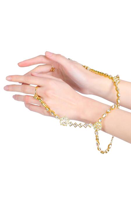 Shop_Aakarsha By Ajay_Gold Plated Pearls, Beads, Diamonds Kundan Stone Hathphool Set Of 2_Online_at_Aza_Fashions