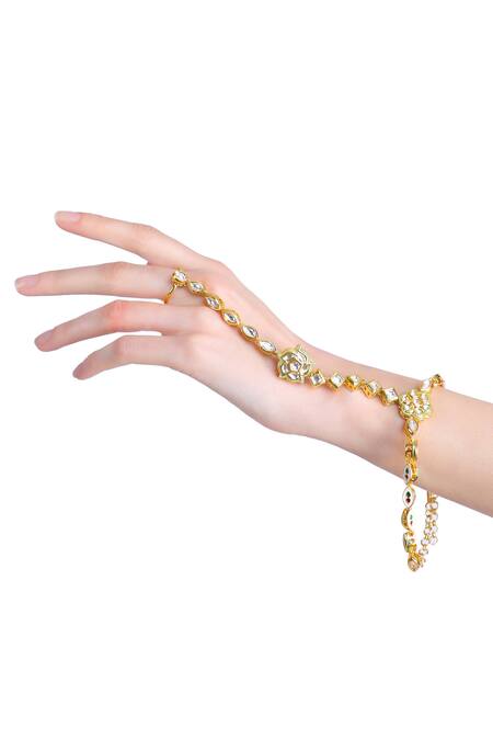 Aakarsha By Ajay_Gold Plated Pearls, Beads, Diamonds Kundan Stone Hathphool Set Of 2_at_Aza_Fashions