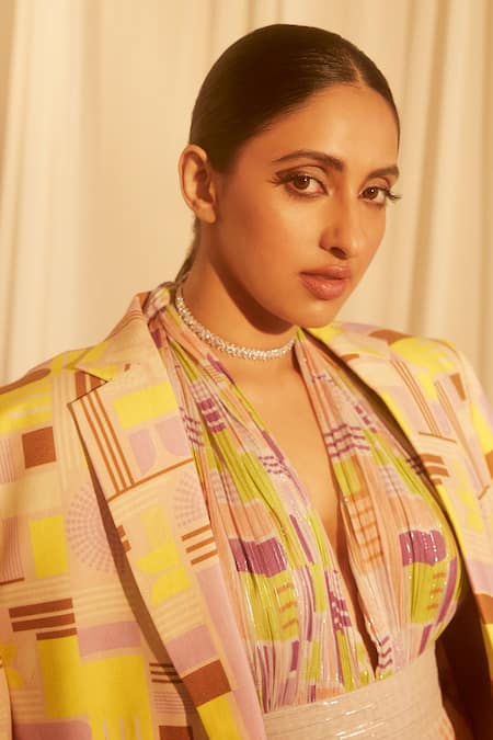 Shop_Nirmooha_Multi Color Lurex Geometric Pattern Plunge Neck Print Jumpsuit _Online_at_Aza_Fashions