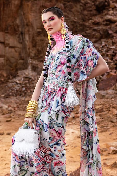 Akanksha Mago_Multi Color Georgette Pearls, Embroidery Printed Pre-draped Saree With Blouse _Online_at_Aza_Fashions