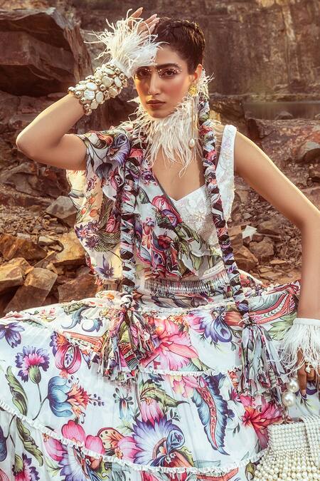 Akanksha Mago_Multi Color Georgette, Net Pearls, Ruffles, Tassels Printed Layered Skirt Set _Online_at_Aza_Fashions