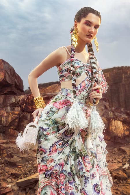 Buy_Akanksha Mago_Multi Color Georgette Pearls, Embroidery Printed Pre-draped Saree With Blouse _Online_at_Aza_Fashions