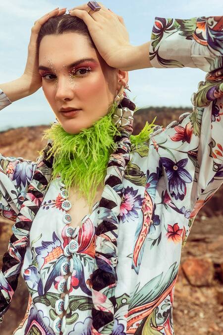 Akanksha Mago Multi Color Cotton Embroidery V-neck Printed Peplum Top And Bell Bottom Pant Set Online at Aza Fashions Akanksha Mago_Multi Color Cotton Embroidery V-neck Printed Peplum Top And Bell Bottom Pant Set _Online_at_Aza_Fashions