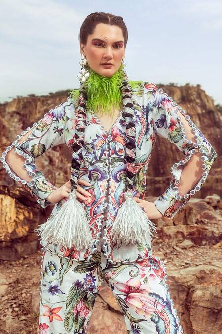 Buy Akanksha Mago Multi Color Cotton Embroidery V-neck Printed Peplum Top And Bell Bottom Pant Set Online at Aza Fashions Buy_Akanksha Mago_Multi Color Cotton Embroidery V-neck Printed Peplum Top And Bell Bottom Pant Set _Online_at_Aza_Fashions