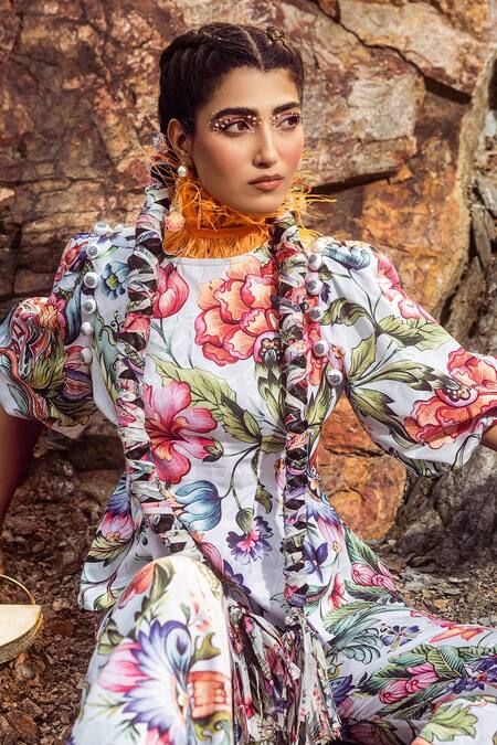 Akanksha Mago Multi Color Cotton Round Neck Floral Print Top And Bell Bottom Pant Set Online at Aza Fashions Akanksha Mago_Multi Color Cotton Round Neck Floral Print Top And Bell Bottom Pant Set _Online_at_Aza_Fashions