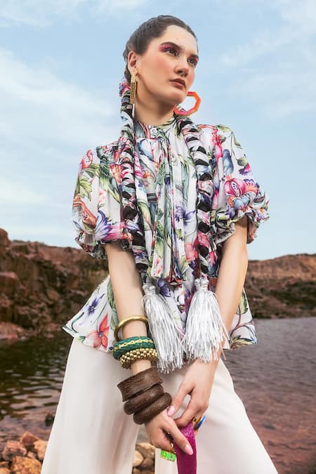 Akanksha Mago_Multi Color Georgette Printed Floral Band Collar Peplum Top And High Low Pant Set _Online_at_Aza_Fashions