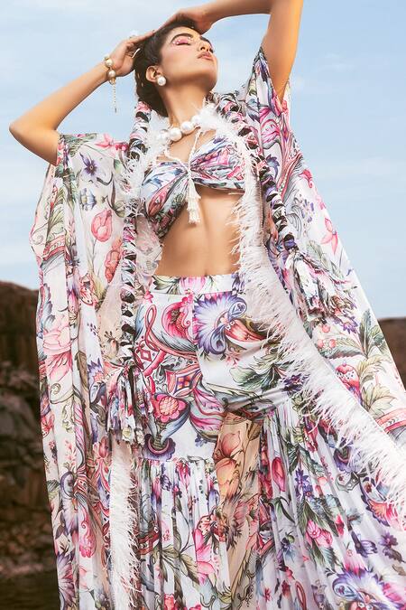 Akanksha Mago Multi Color Georgette Tassels, Embroidery Sweetheart Printed Cape Gharara Set Online at Aza Fashions Akanksha Mago_Multi Color Georgette Tassels, Embroidery Sweetheart Printed Cape Gharara Set _Online_at_Aza_Fashions