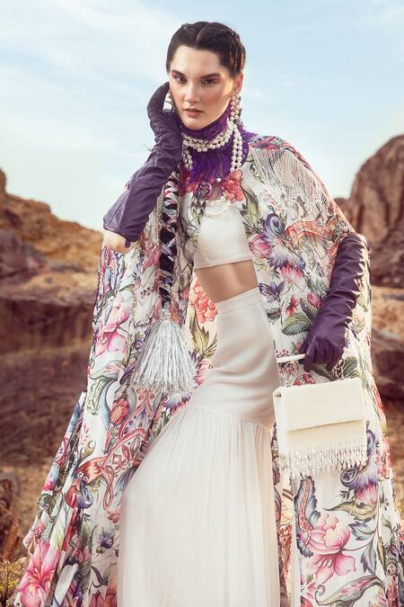 Akanksha Mago Multi Color Georgette Pearls Open Neck Floral Print Cape Pleated Gharara Set Online at Aza Fashions Akanksha Mago_Multi Color Georgette Pearls Open Neck Floral Print Cape Pleated Gharara Set _Online_at_Aza_Fashions