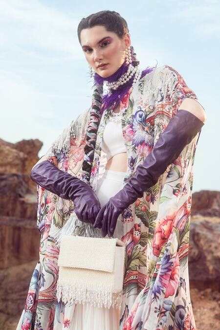 Buy Akanksha Mago Multi Color Georgette Pearls Open Neck Floral Print Cape Pleated Gharara Set Online at Aza Fashions Buy_Akanksha Mago_Multi Color Georgette Pearls Open Neck Floral Print Cape Pleated Gharara Set _Online_at_Aza_Fashions