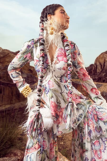 Akanksha Mago Multi Color Georgette Embroidery V-neck Printed Peplum Top And Gharara Set Online at Aza Fashions Akanksha Mago_Multi Color Georgette Embroidery V-neck Printed Peplum Top And Gharara Set _Online_at_Aza_Fashions