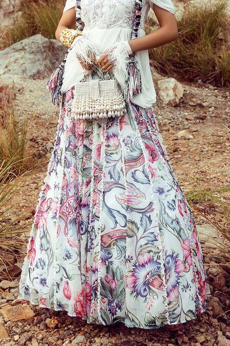 Akanksha Mago Multi Color Georgette Pearls, Sequins, Peplum Top And Gathered Skirt Set Online at Aza Fashions Akanksha Mago_Multi Color Georgette Pearls, Sequins, Peplum Top And Gathered Skirt Set _Online_at_Aza_Fashions