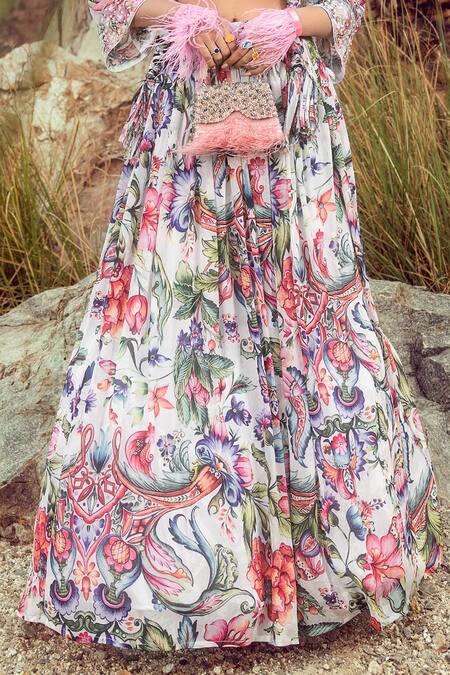 Akanksha Mago_Multi Color Georgette Pearls, Embroidery Off Shoulder Printed Top And Skirt Set _Online_at_Aza_Fashions