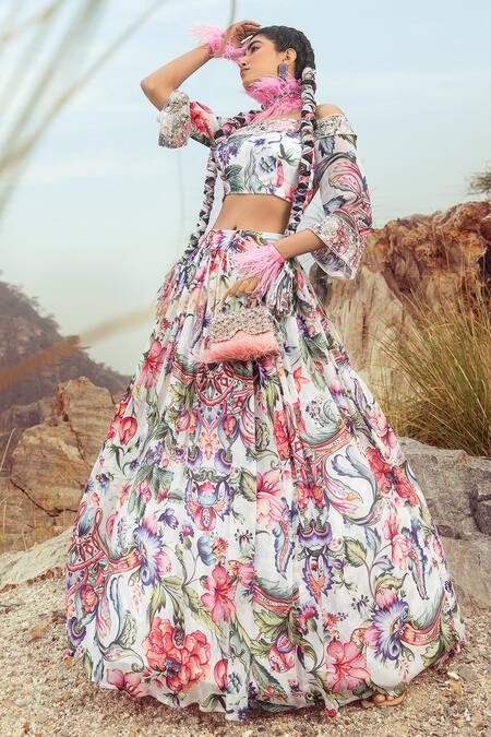 Buy_Akanksha Mago_Multi Color Georgette Pearls, Embroidery Off Shoulder Printed Top And Skirt Set _Online_at_Aza_Fashions