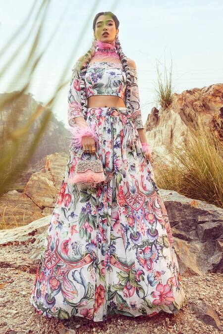 Shop_Akanksha Mago_Multi Color Georgette Pearls, Embroidery Off Shoulder Printed Top And Skirt Set _Online_at_Aza_Fashions