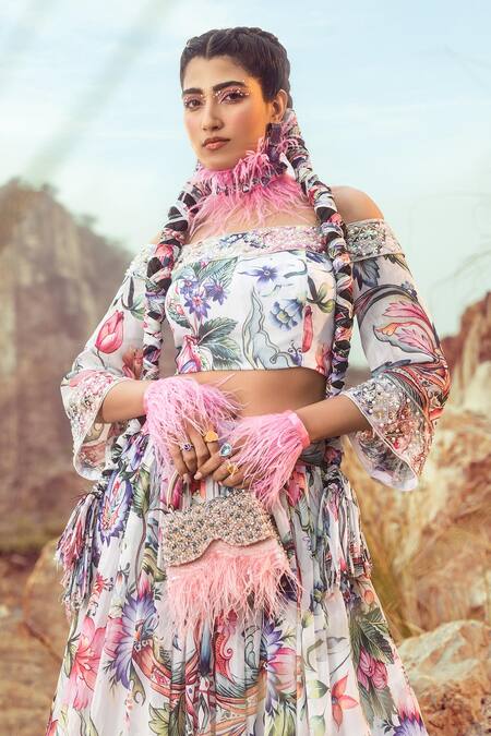 Akanksha Mago_Multi Color Georgette Pearls, Embroidery Off Shoulder Printed Top And Skirt Set _at_Aza_Fashions