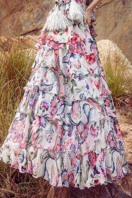 Akanksha Mago Multi Color Georgette Embroidery V-neck Layered Lehenga And Blouse Set Online at Aza Fashions Akanksha Mago_Multi Color Georgette Embroidery V-neck Layered Lehenga And Blouse Set _Online_at_Aza_Fashions