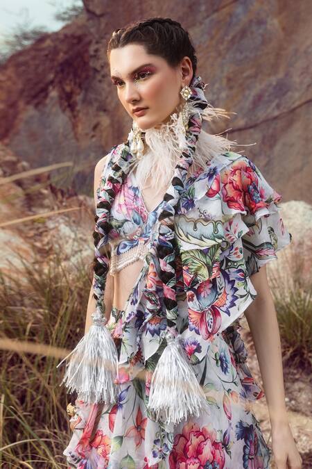 Shop Akanksha Mago Multi Color Georgette Embroidery V-neck Layered Lehenga And Blouse Set Online at Aza Fashions Shop_Akanksha Mago_Multi Color Georgette Embroidery V-neck Layered Lehenga And Blouse Set _Online_at_Aza_Fashions