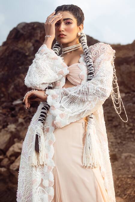 Buy Akanksha Mago Multi Color Georgette, Net Pearls, Embroidery Jacket And Pleated Skirt Set Online at Aza Fashions Buy_Akanksha Mago_Multi Color Georgette, Net Pearls, Embroidery Jacket And Pleated Skirt Set _Online_at_Aza_Fashions