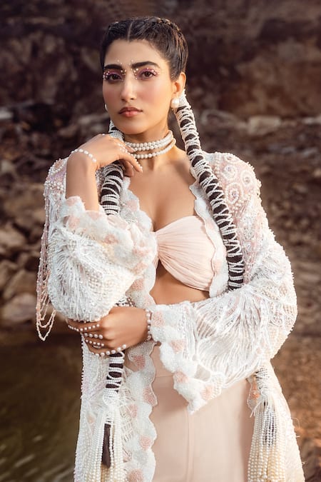 Shop Akanksha Mago Multi Color Georgette, Net Pearls, Embroidery Jacket And Pleated Skirt Set Online at Aza Fashions Shop_Akanksha Mago_Multi Color Georgette, Net Pearls, Embroidery Jacket And Pleated Skirt Set _Online_at_Aza_Fashions