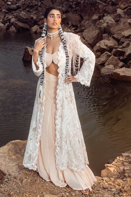 Shop Akanksha Mago Multi Color Georgette, Net Pearls, Embroidery Jacket And Pleated Skirt Set at Aza Fashions Shop_Akanksha Mago_Multi Color Georgette, Net Pearls, Embroidery Jacket And Pleated Skirt Set _at_Aza_Fashions