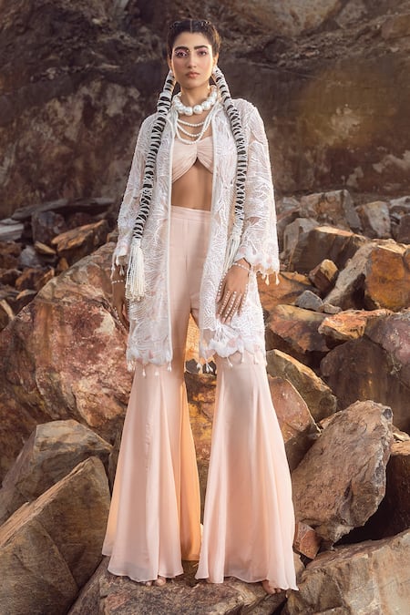 Akanksha Mago Multi Color Georgette, Net Pearls Embroidered Jacket And Flared Pant Set Online at Aza Fashions Akanksha Mago_Multi Color Georgette, Net Pearls Embroidered Jacket And Flared Pant Set _Online_at_Aza_Fashions