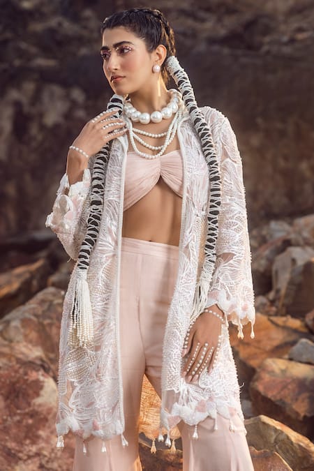 Buy Akanksha Mago Multi Color Georgette, Net Pearls Embroidered Jacket And Flared Pant Set Online at Aza Fashions Buy_Akanksha Mago_Multi Color Georgette, Net Pearls Embroidered Jacket And Flared Pant Set _Online_at_Aza_Fashions