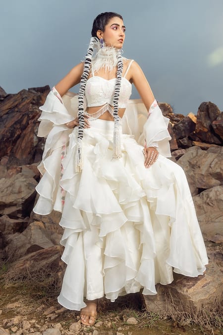 Akanksha Mago Ivory Organza Pearls, Embroidery Sweetheart Neck Bustier Pant Set Online at Aza Fashions Akanksha Mago_Ivory Organza Pearls, Embroidery Sweetheart Neck Bustier Pant Set _Online_at_Aza_Fashions