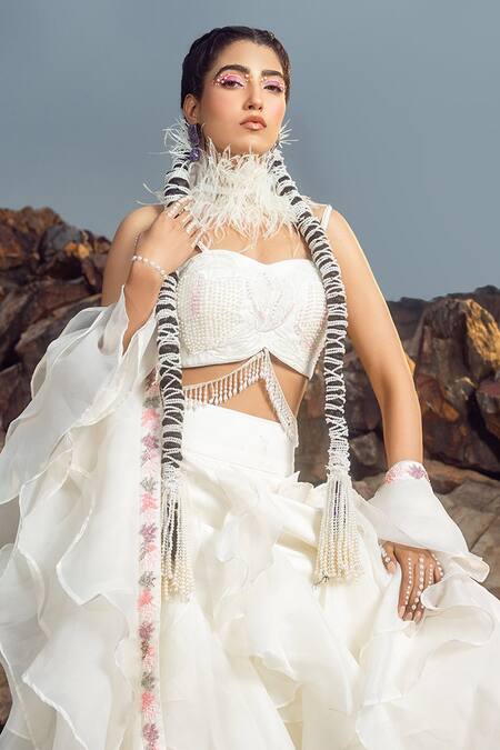 Buy Akanksha Mago Ivory Organza Pearls, Embroidery Sweetheart Neck Bustier Pant Set Online at Aza Fashions Buy_Akanksha Mago_Ivory Organza Pearls, Embroidery Sweetheart Neck Bustier Pant Set _Online_at_Aza_Fashions