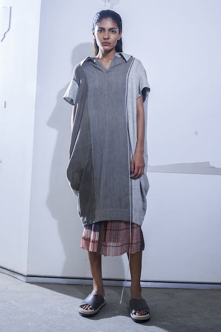 Urvashi Kaur_Brown Cotton Collared, V-neck Panel Striped Cocoon Midi Dress_Online_at_Aza_Fashions