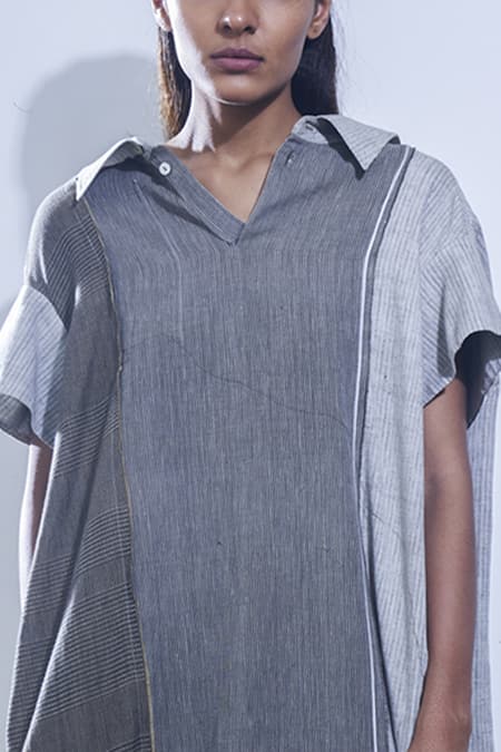 Buy_Urvashi Kaur_Brown Cotton Collared, V-neck Panel Striped Cocoon Midi Dress_Online_at_Aza_Fashions