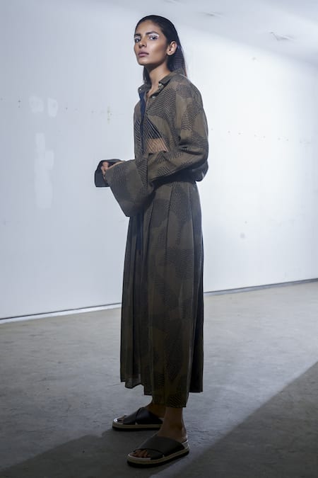 Urvashi Kaur_Olive Green Cotton Organic Shibori Midi Skirt_Online_at_Aza_Fashions