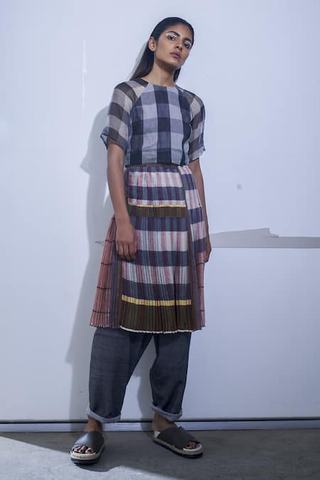 Urvashi Kaur Multi Color Kota Silk Pleated Skirt  