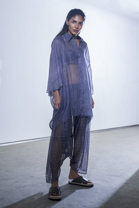 Shop Urvashi Kaur Gray Linen Draped Striped Noil Pants at Aza Fashions Shop_Urvashi Kaur_Gray Linen Draped Striped Noil Pants _at_Aza_Fashions