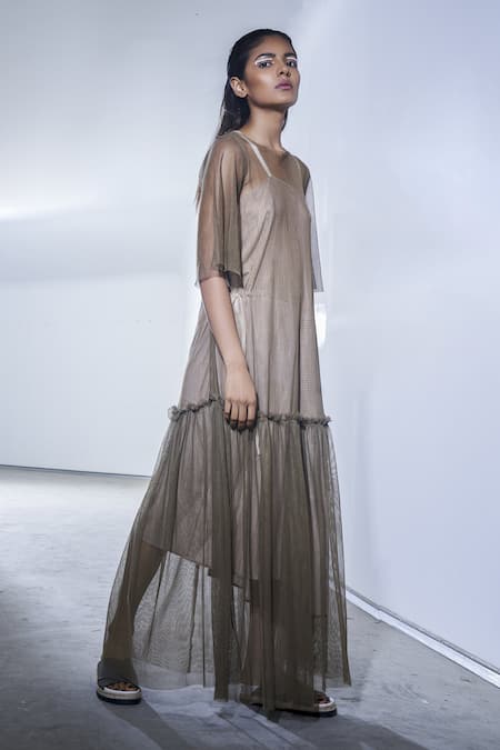 Urvashi Kaur_Green Tulle Round Neck Sheer Drop Waist Maxi Dress _Online_at_Aza_Fashions