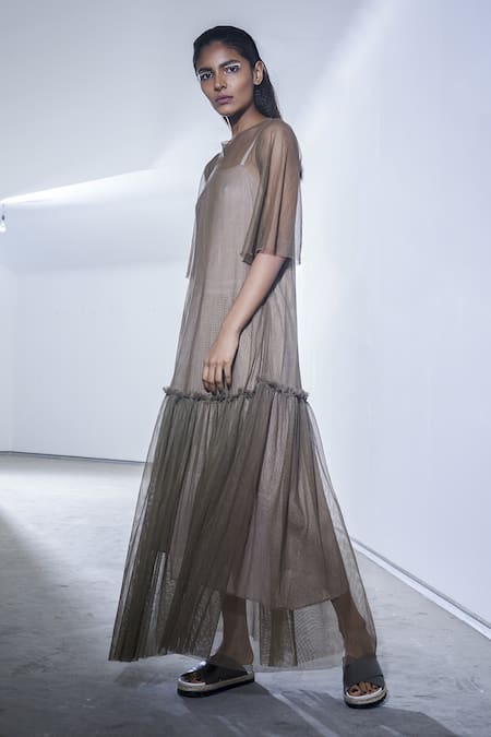 Buy_Urvashi Kaur_Green Tulle Round Neck Sheer Drop Waist Maxi Dress _Online_at_Aza_Fashions