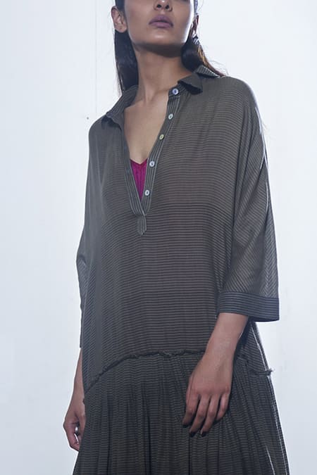 Urvashi Kaur_Olive Green Cotton Collared Striped Drop Waist Midi Dress_Online_at_Aza_Fashions