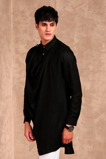 MR. Ajay Kumar Black Linen Cowl Draped Asymmetric Hem Kurta Online at Aza Fashions MR. Ajay Kumar_Black Linen Cowl Draped Asymmetric Hem Kurta _Online_at_Aza_Fashions