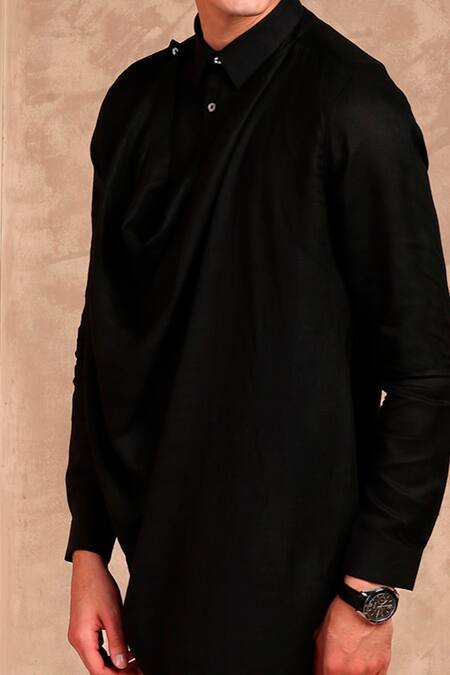 Buy MR. Ajay Kumar Black Linen Cowl Draped Asymmetric Hem Kurta Online at Aza Fashions Buy_MR. Ajay Kumar_Black Linen Cowl Draped Asymmetric Hem Kurta _Online_at_Aza_Fashions